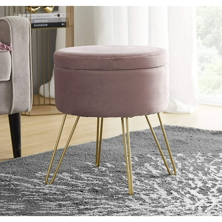 Ornavo Home Modern Round Velvet Storage Ottoman Foot Rest Vanity Stool/Seat with Gold Metal Legs & Tray Top Coffee Table - Blush
