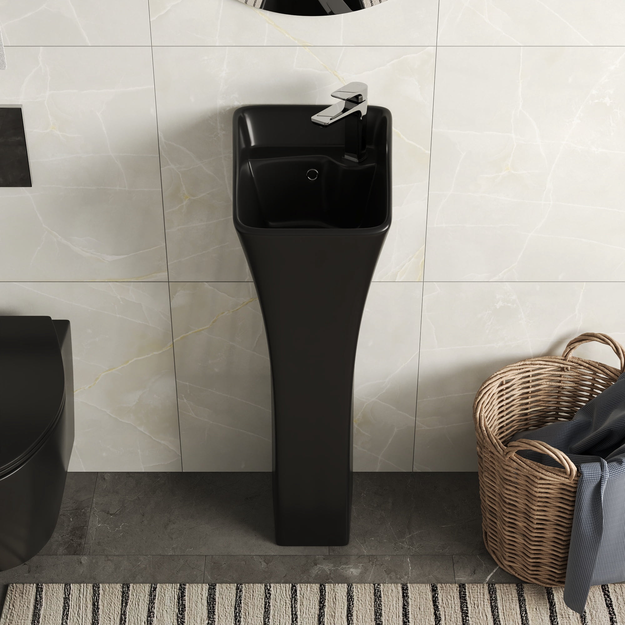 35 in. Tall Ceramic Rectangular Pedestal Bathroom Sink in Black with Single Faucet Hole and Overflow  DV-1P529B