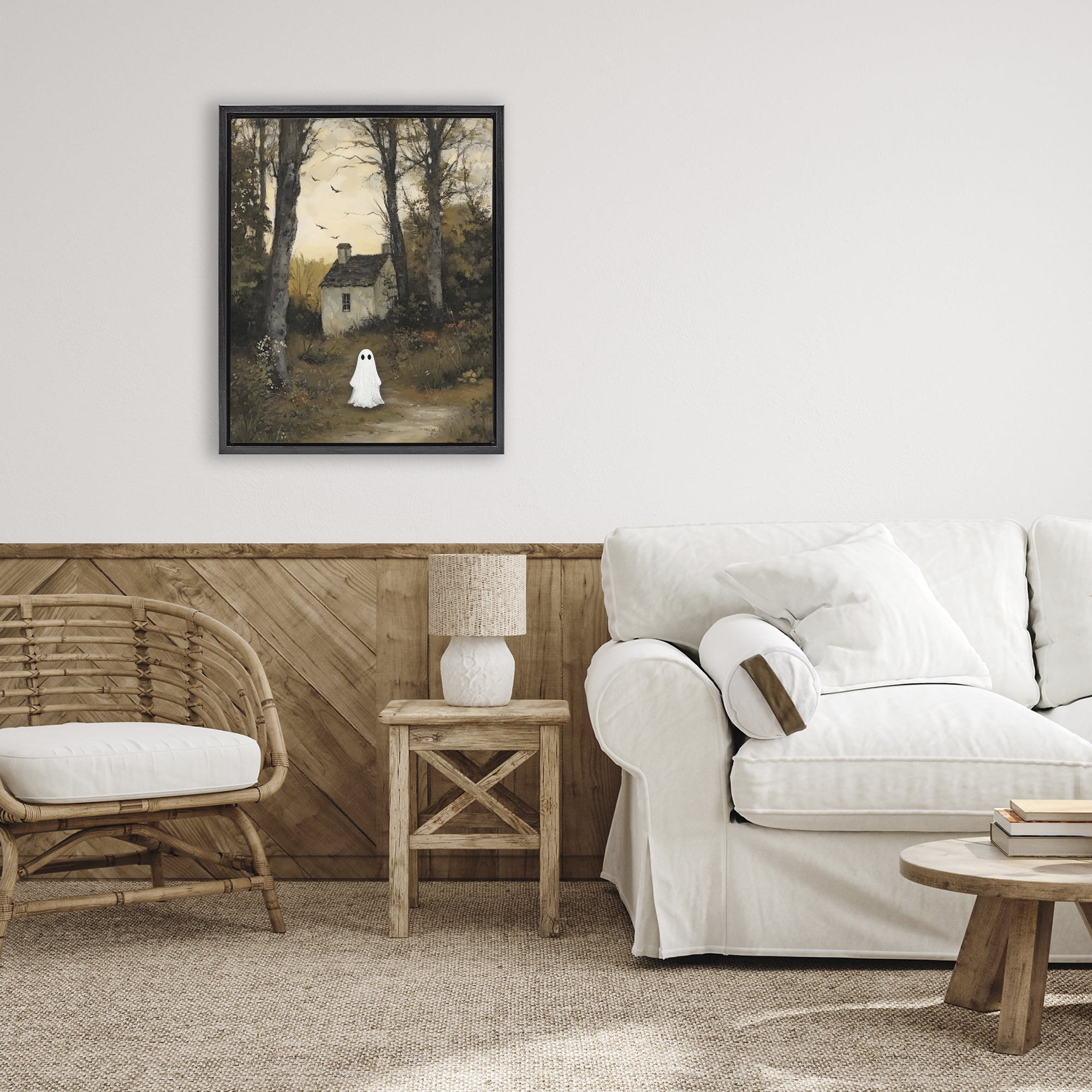 Little Ghost in Cottage Forest Black Framed Floater Canvas Wall Art, design by Arlington Prints