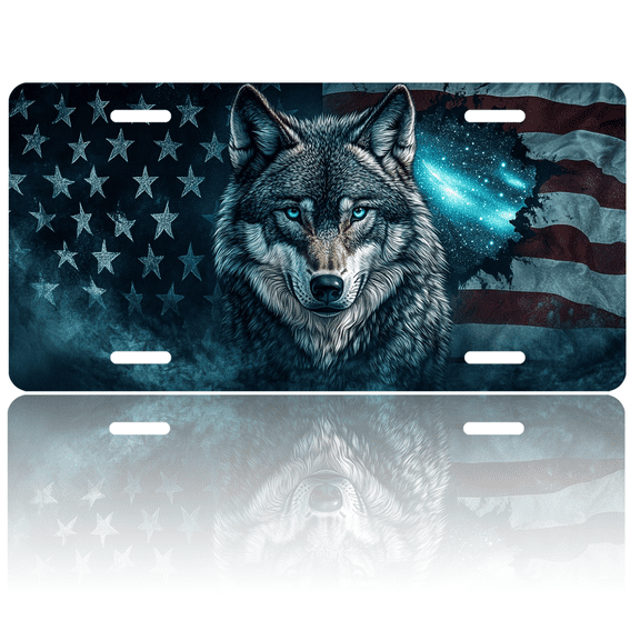 1 Pcs 2D Flat License Plate Covers & Frames, Wolf and American Flag For Decorative Front, Waterproof For Decoration Aluminum License Plate Covers & Frames Cover For Men Women, 12" X 6"
