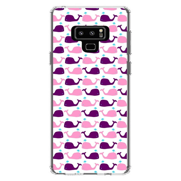 DistinctInk Clear Shockproof Hybrid Case for Samsung Galaxy Note 9 - TPU Bumper, Acrylic Back, Tempered Glass Screen Protector - Purple Pink Cartoon Whales - Cartoon Whales