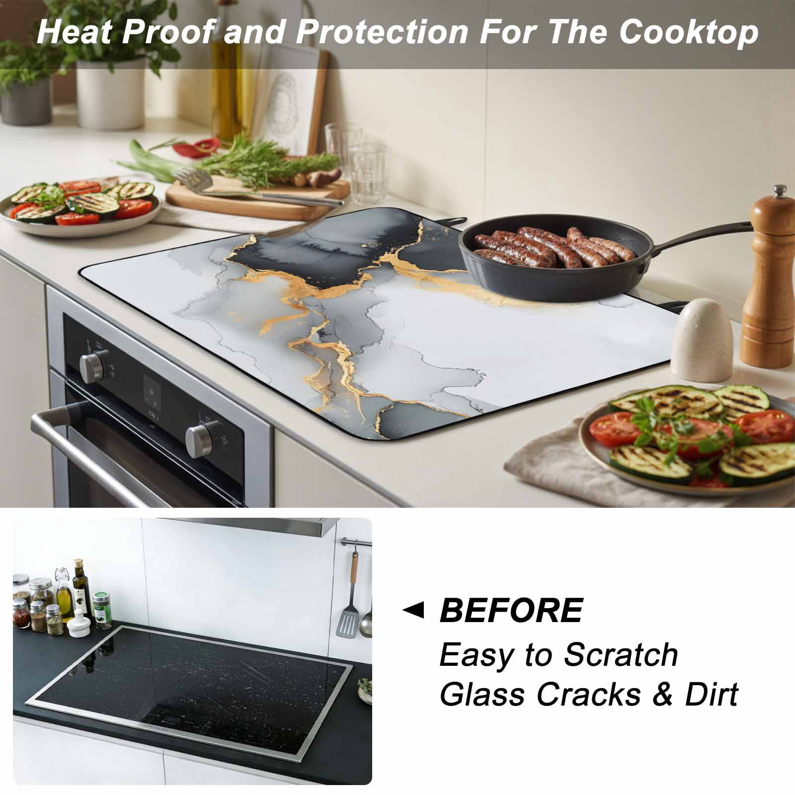 Grey White Marble Stove Top Cover for Electric Stove, Heat-proof & Non Slip Glass Top Stove Cover Protector, Ink Painting Modern Abstract Kitchen Flat Cooktop Rubber Mat 24x21 Inches