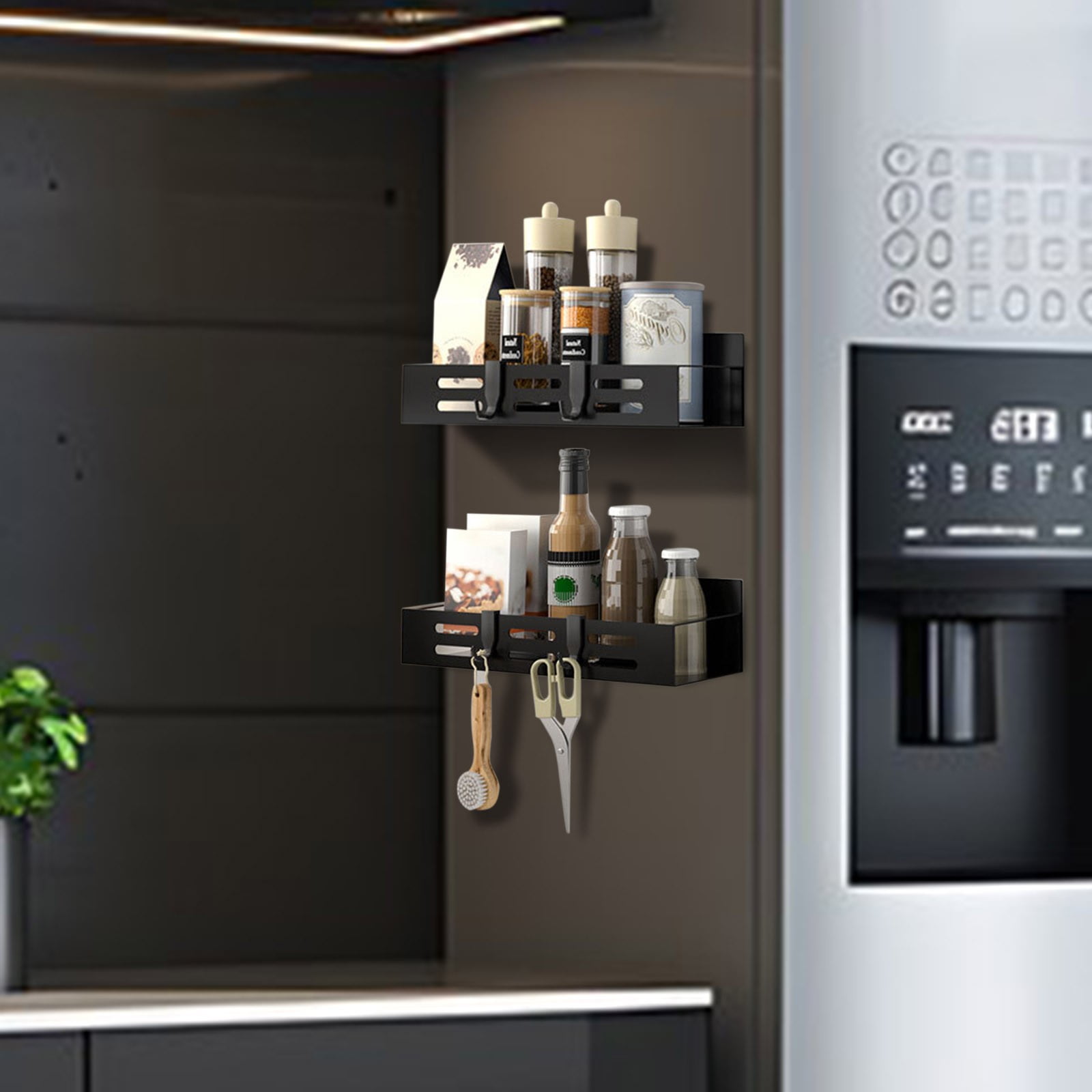 Gnmfd Wall Mounted Magnetic Spice Rack Refrigerator Side Organizer Shelf Strong Magnet Kitchen Storage for Spice Bottles Coffee Snacks Pantry, Easy Install, Home Restaurant Use