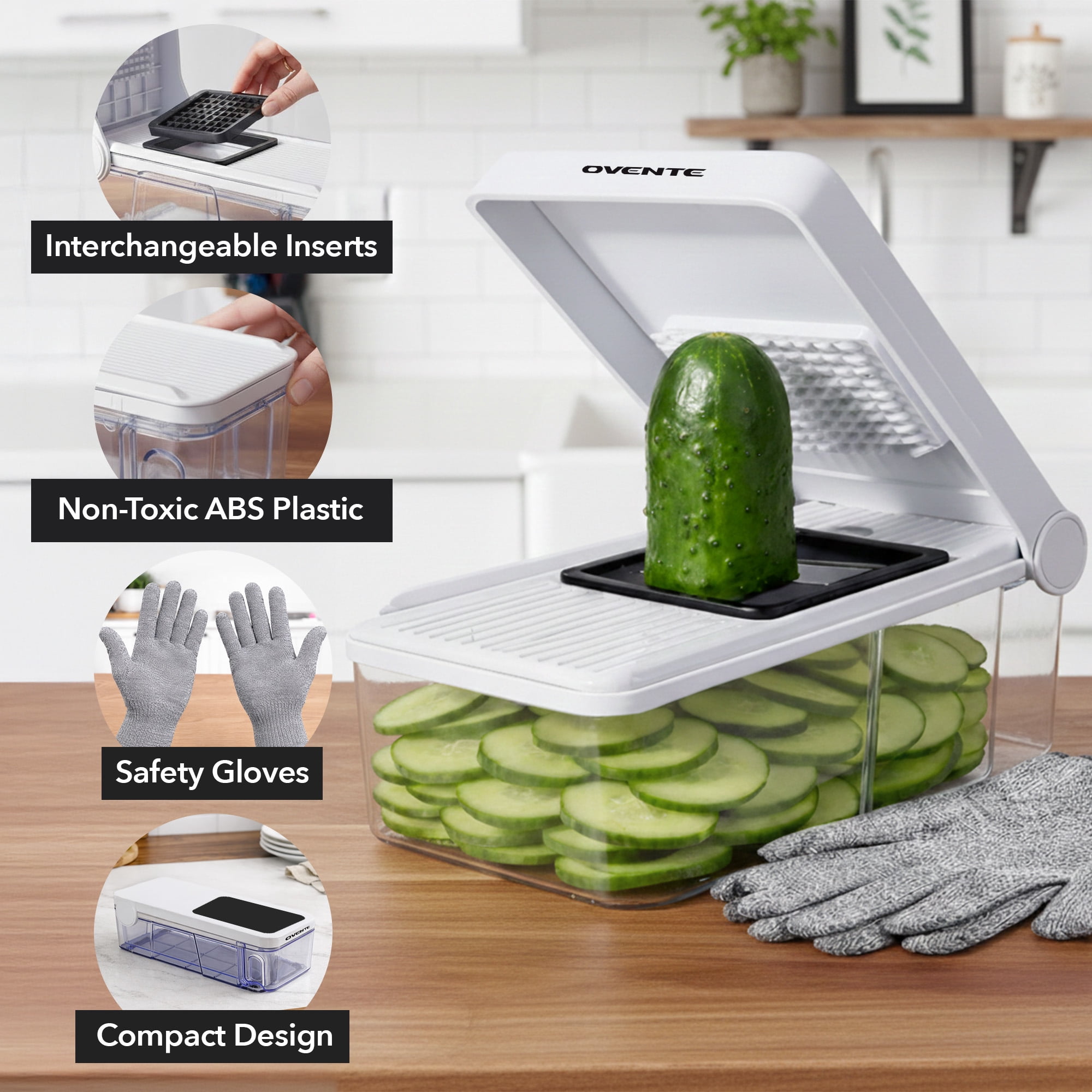 OVENTE Vegetable Chopper and Mandoline Slicer, 7-in-1 Multifunctional Kitchen Gadget & Food Cutter for Fruit, Onion, Potato, Cucumber, Cheese Grater, Veggie Spiralizer with Safety Gloves, White MD71W