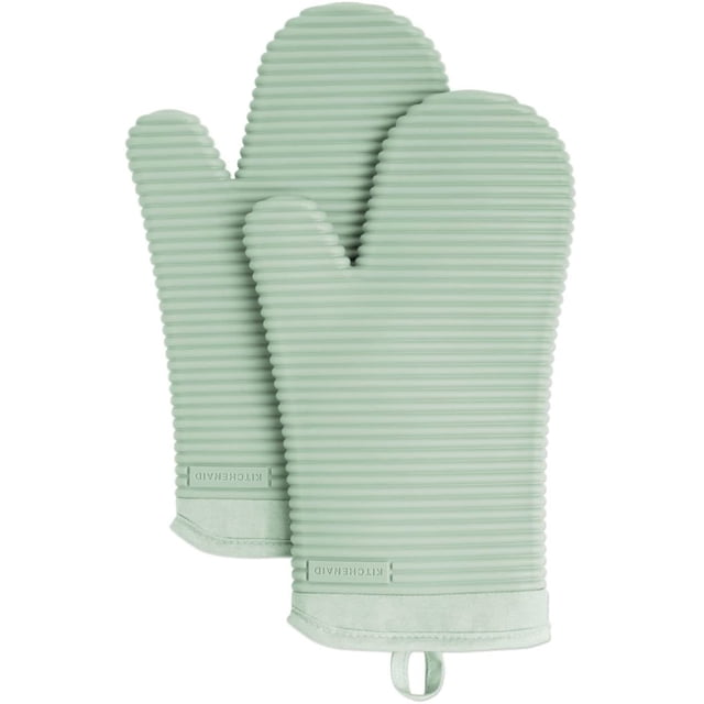 KitchenAid Ribbed Soft Silicone Oven Mitt Set, 7"x13", Milkshake 2 Count