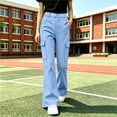 thumbnail image 6 of LangJing Khaki Uniform Pants for Girls School Uniform Pants Teen Kids Elastic Waist Flared Cargo Pants Bell Bottom Pant, 5-15Years, 6 of 7