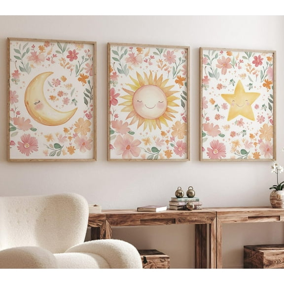 UNFFRAMED Sun Moon Star Nursery Wall Art Set, Floral Baby Girl Room Decor, Celestial Prints, Blush Pink Yellow Boho Wall Art #184 Set 3 Prints 8x12