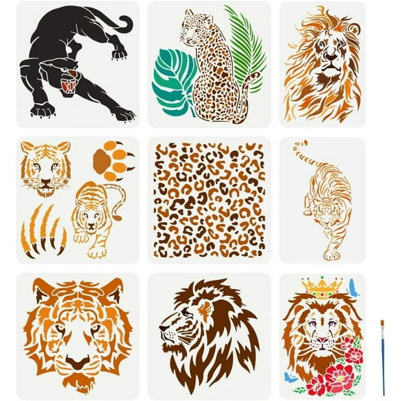 1 Set 9Pcs 9 Styles Animal Theme PET Hollow Out Drawing Painting Stencils for DIY Scrapbook oto Album Tiger 210~300x297~300mm 1pc/style