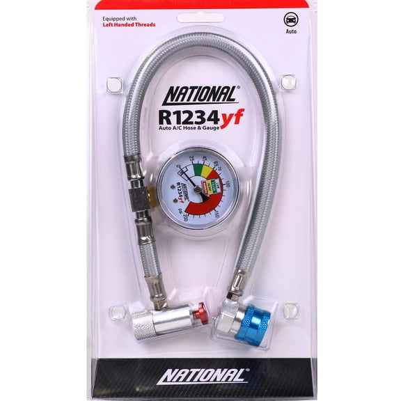National® 14” R1234yf Charging Hose with Gauge – Reusable, Push-Button Valve, 1/2" ACME Left-Hand Thread – Compatible with R1234yf Self-Sealing Cans