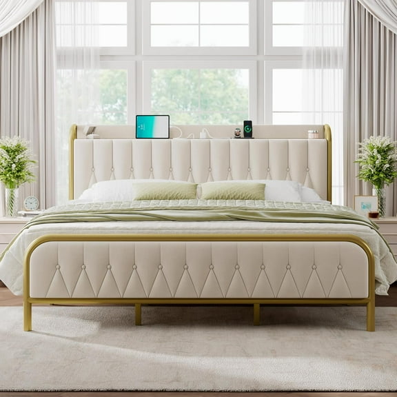 Velvet King Size Bed Frame with Fast Charging Station, King Metal Platform Bed with Upholstered Headboard & Footboard,12" Underbed Storage Space, Easy Assembly, Noise-Free, Gold & Beige