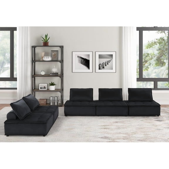 Modern Black Velvet 5-Piece Sofa and Loveseat Set - 120" Sofa, 80" Loveseat