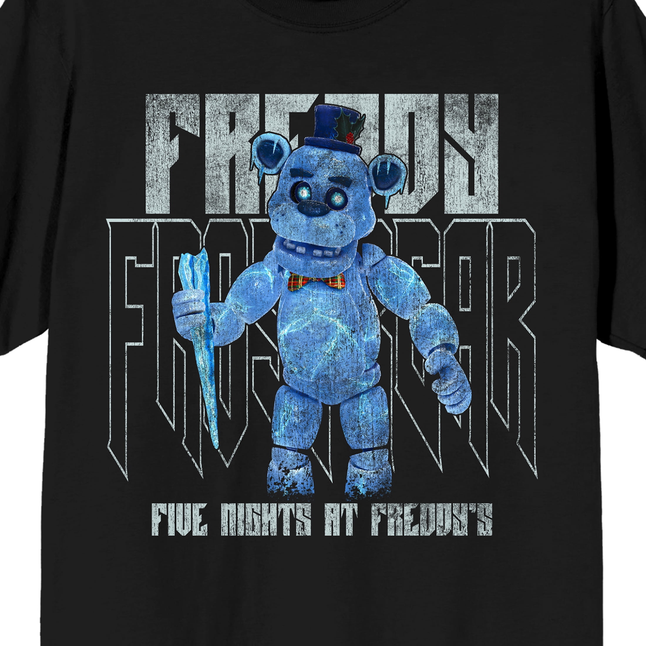 Five Nights At Freddy's Freddy Frostbear Name text and Title text on Black Short Sleeve Adult T-Shirt-3XL