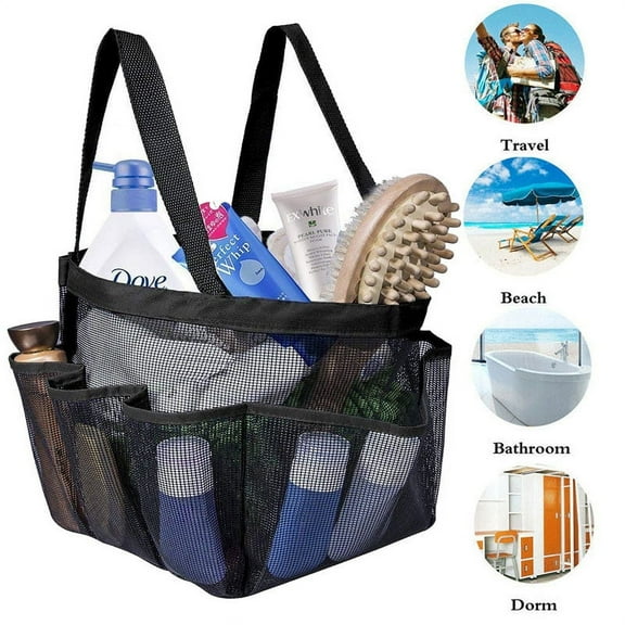 LNKOO Mesh Shower Caddy, Quick Dry Tote Bag Oxford Hanging Toiletry and Bath Organizer with 8 Storage Compartments for Shampoo, Conditioner, Soap and Other Bathroom Accessories, Black