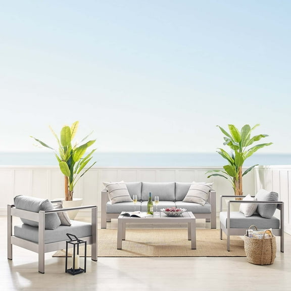 Modway Shore Sunbrella® Fabric Outdoor Patio Aluminum 4 Piece Set in Silver Gray