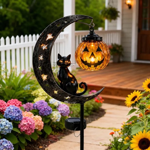 Solar Halloween Black Cat & Pumpkin Moon Garden Stake Light,Waterproof Half and Half Moon LED Pathway Decor Crackle Hanging Glass Pumpkin Metal Crescent for Outside Yard Patio Lawn Outdoor Decor(1PC)