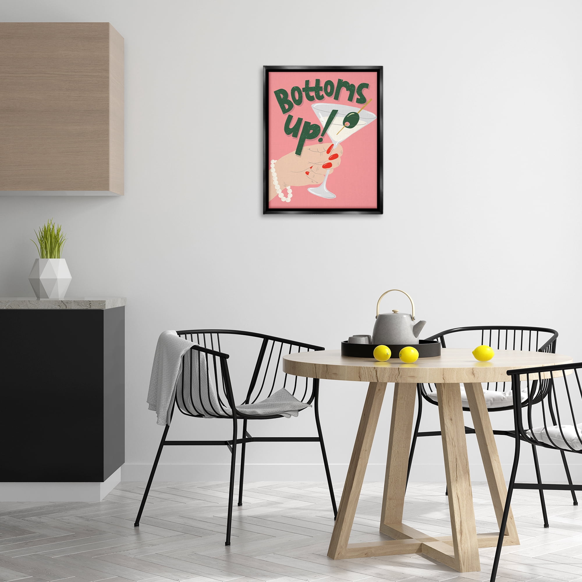 Stupell Industries Bottoms Up with Martini Food & Beverage Painting Black Floater Framed Canvas Art Print Wall Art, 17 x 21