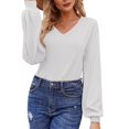thumbnail image 2 of Women'S Long Sleeve V Neck Lantern Blouse Dressy Casual Ribbed Knit Tunics Loose Fit Fall Shirts 2025 White M, 2 of 8
