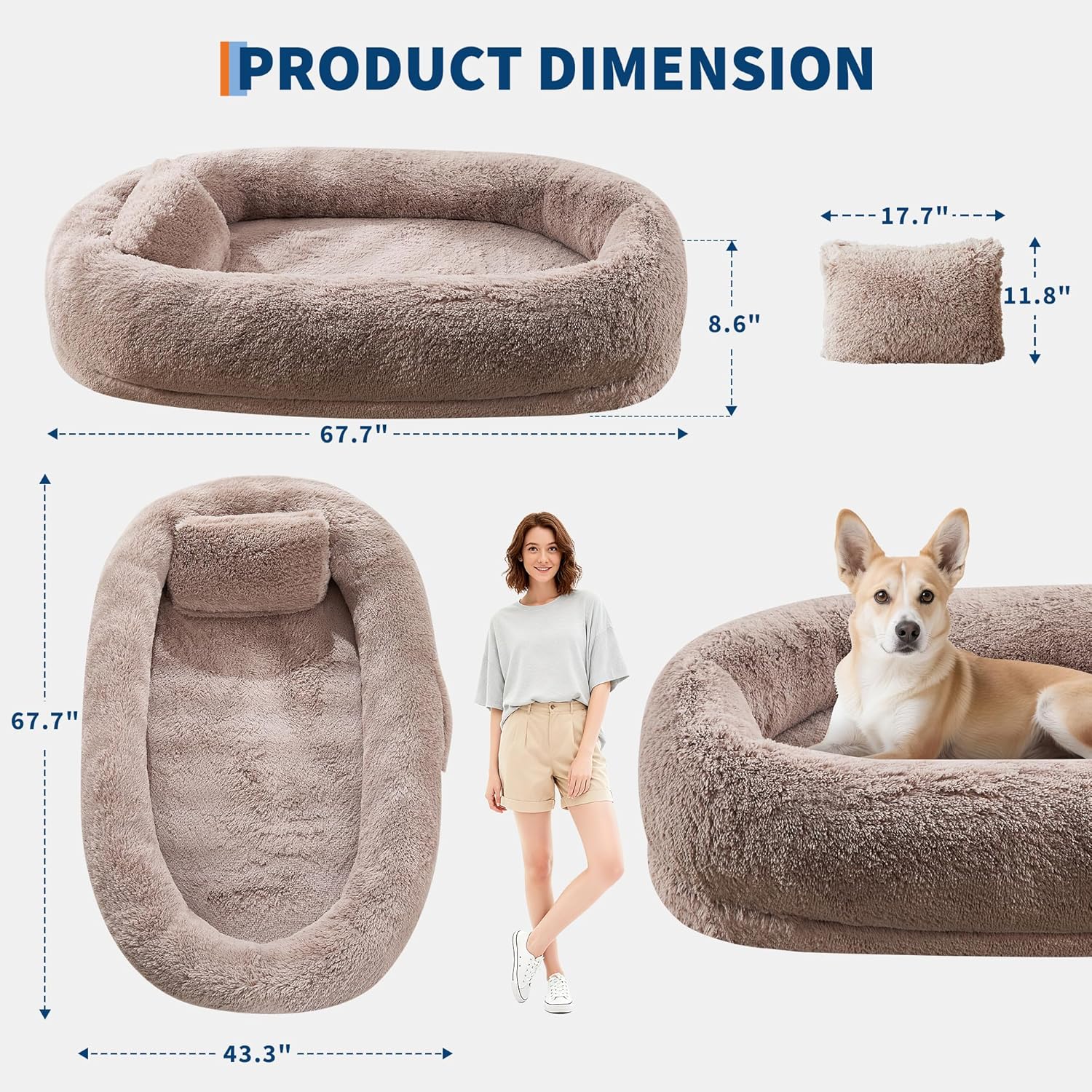 Acekid Human Dog Bed 67 Inch Adult Pets No Assembly Required Washable Fluffy Faux Fur Orthopedic Dog Bed Plump Pi