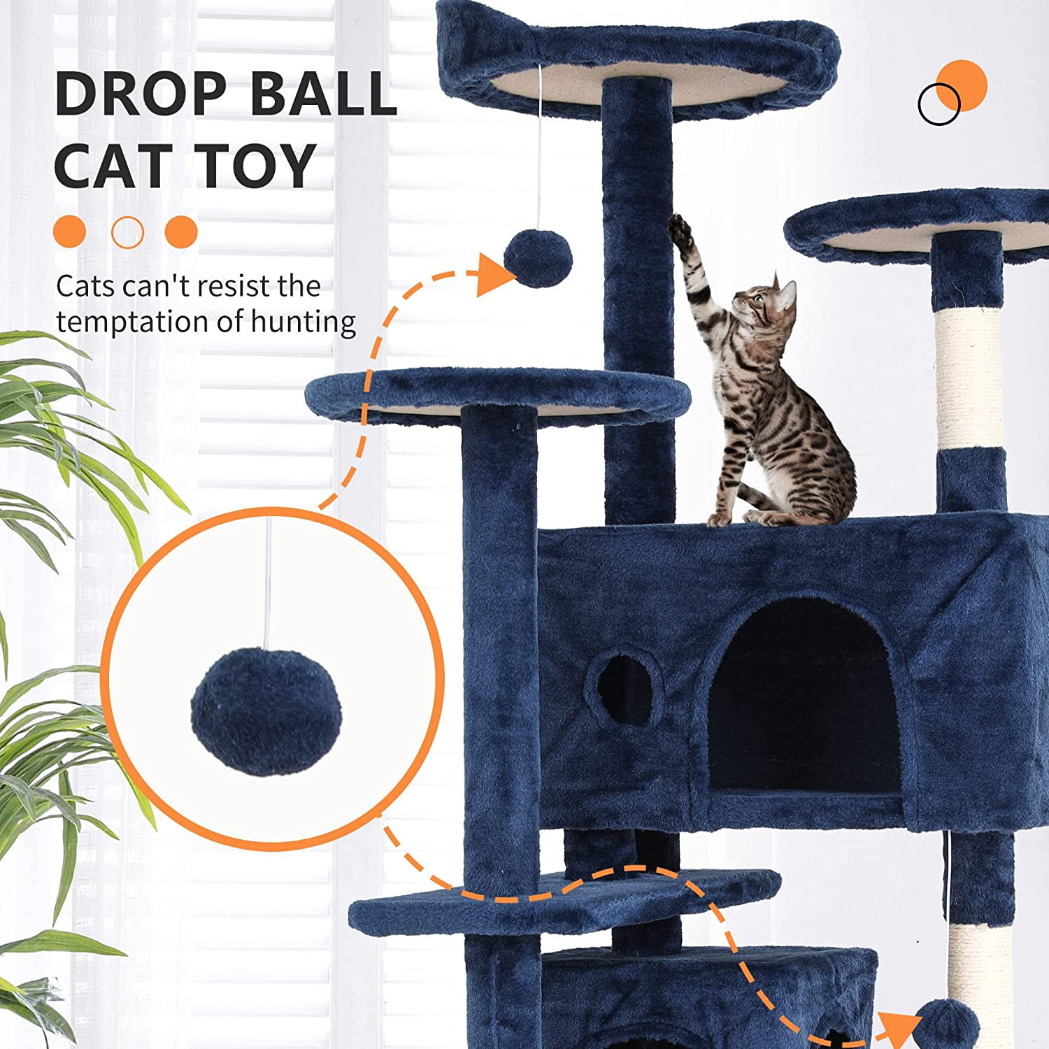Bestpet 54-inch Cat Tree Tower, Standing House Cat Condo with Scratch Stay and Fun Toys, Navy Blue