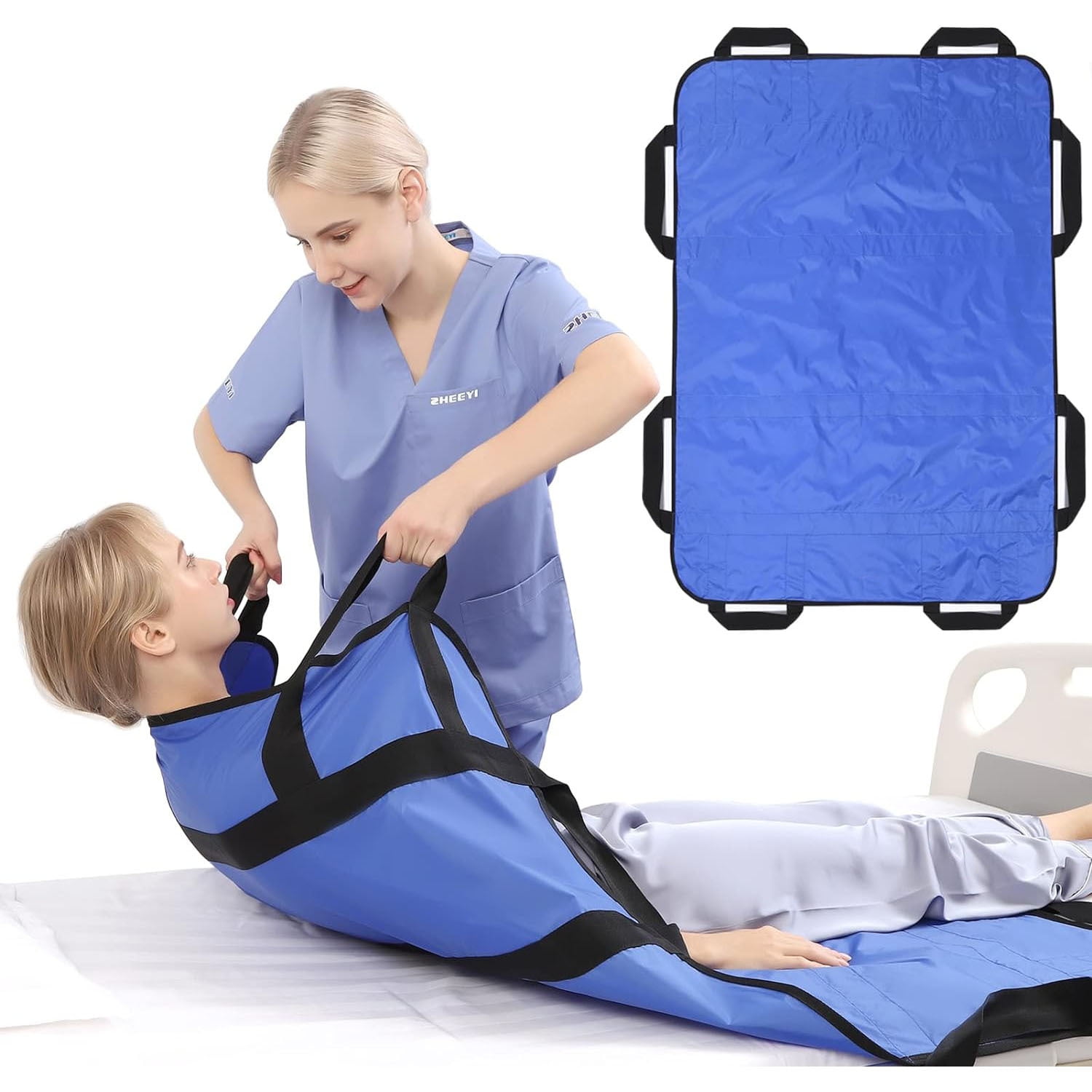 Multipurpose 48" x 40" Positioning Bed Pad with Reinforced Handles - Reusable & Washable Transfer Sheet for Turning, Lifting & Repositioning - Double-Sided Nylon Fabric, Blue