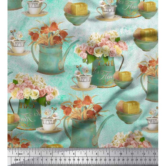 Soimoi Velvet Fabric Cup,Flower Bunch & Watering Can Garden Accessories Fabric Prints By Yard 58 Inch Wide