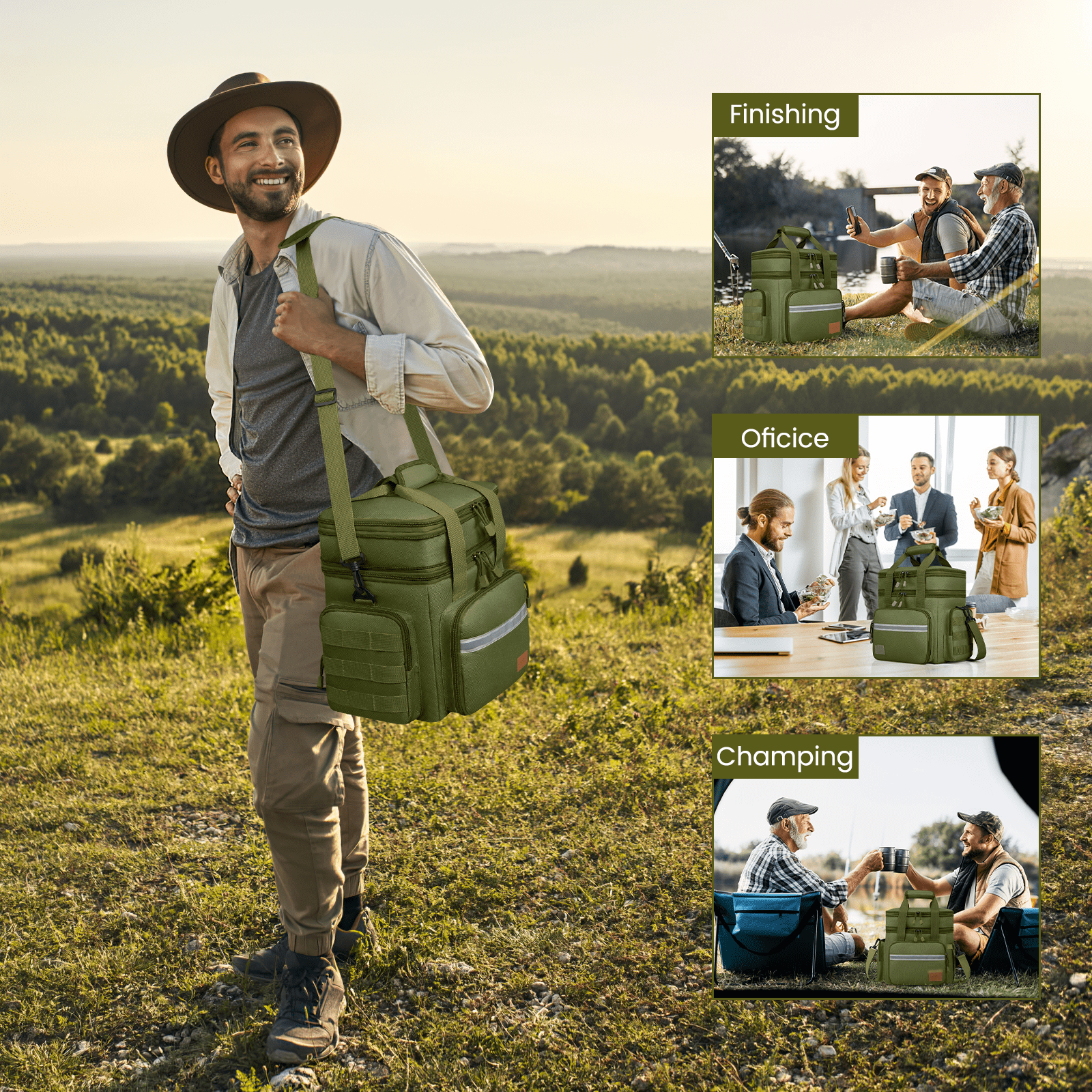 Expandable Insulated Lunch Bag w/Leakproof Design - 24 Can Capacity, Double Deck Cooler Box with Adjustable Shoulder Strap & Side Pockets for Men & Women - Durable for Work, Travel, Outdoor, Green
