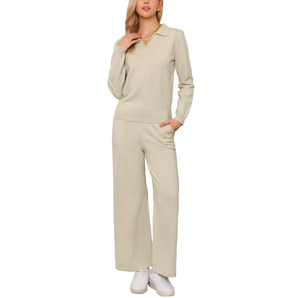INSPIRE CHIC Knit Sweater Top Wide Leg Pants Set for Women's 2 Piece V Neck Lounge Outfits Trendy Cozy Clothes M Apricot