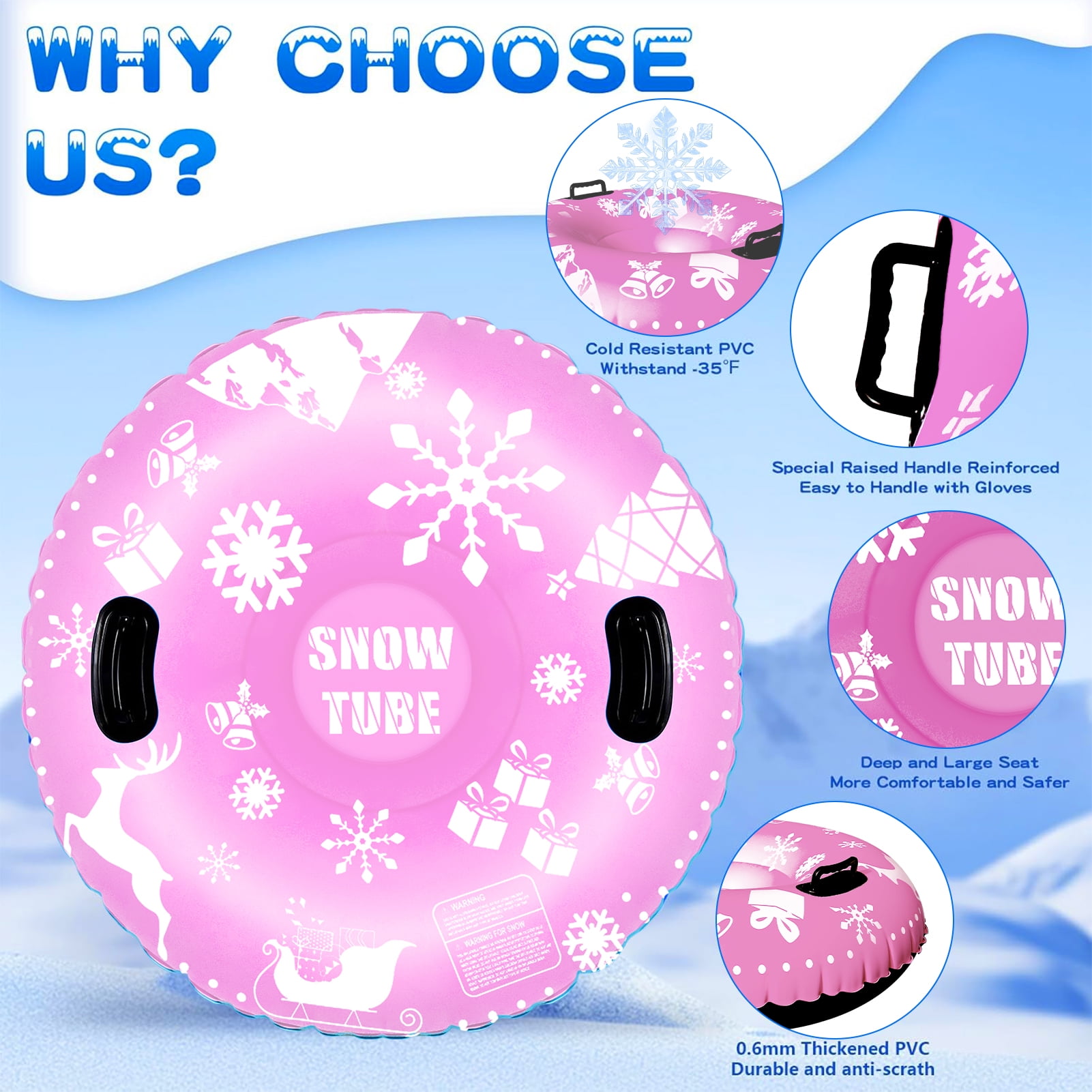 GMZW Snow Tube, 2 Packs for The Whole Family Inflatable Snow Sled for Kids and Adult, Thickened Heavy Duty Hard Bottom Sleds for Snow with Handles, Winter Toys for Outdoor Sledding Snow Tube Sports