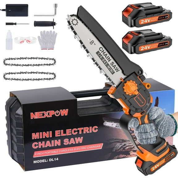 NEXPOW 8" Mini Chainsaw,24V Cordless Handheld Electric Power Chain saw with 2 Batteries & Chains for Wood Cutting & Tree Trimming (Orange)