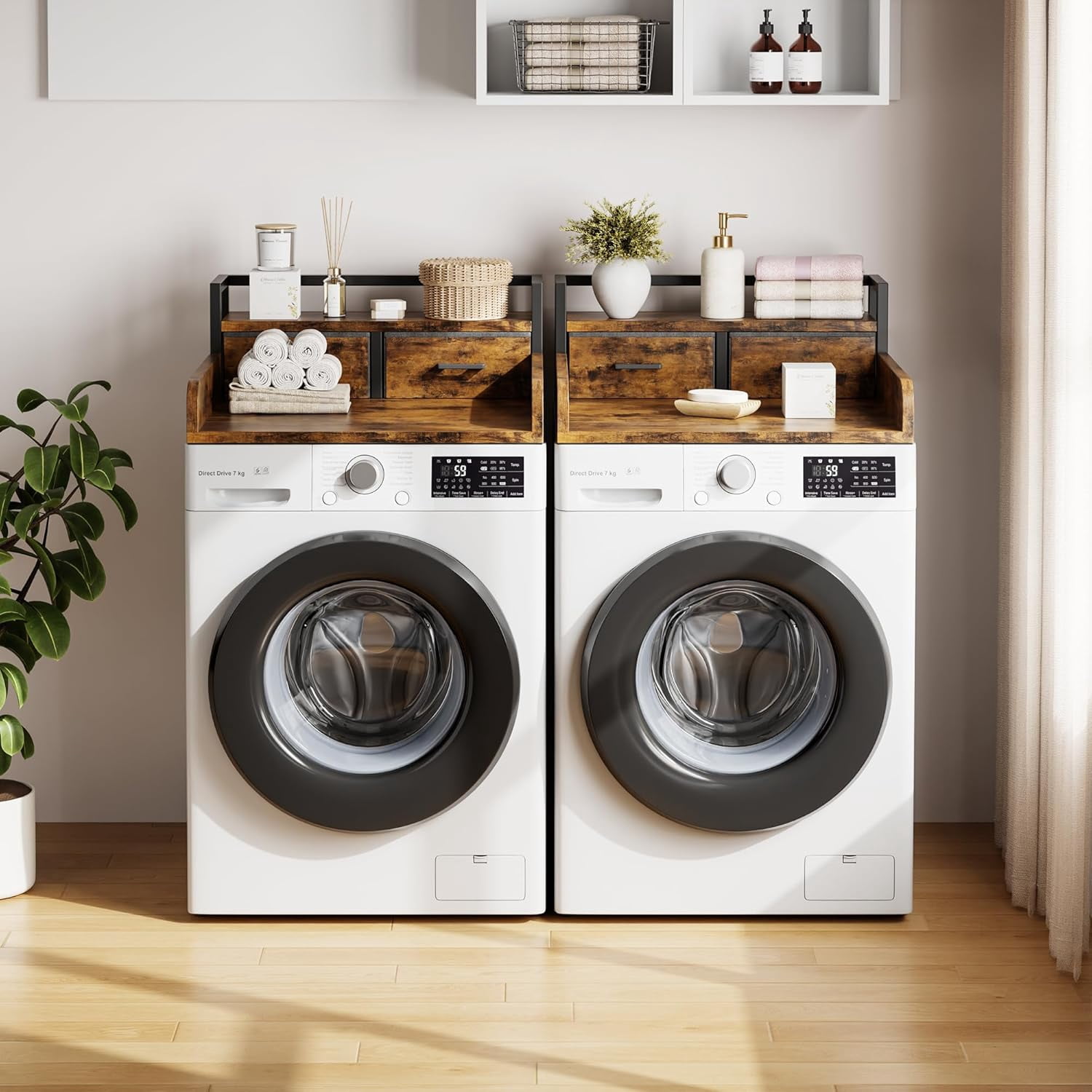 2-Tier Washer and Dryer Countertop with Shelf or Drawers, Laundry Countertop Cover with Non-Slip Pad, 54"X27.5" Laundry Topper for Folding Clothes Over Washer and Dryer, Retro