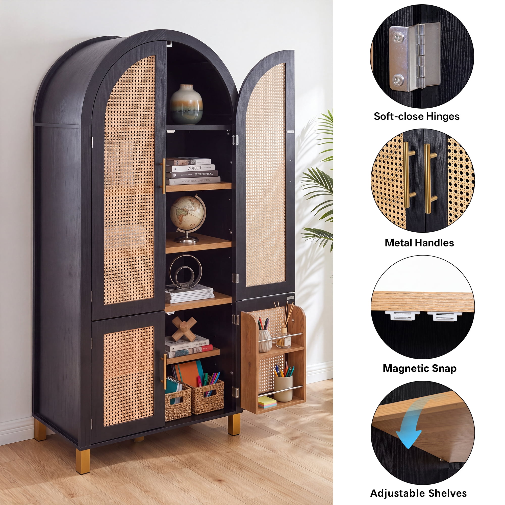 71" Tall Arched Cabinet with Rattan Doors & Adjustable Shelves,4 Doors Modern Farmhouse Storage Cabinet with Built-in Racks for Kitchen, Dining Room, Study, Black