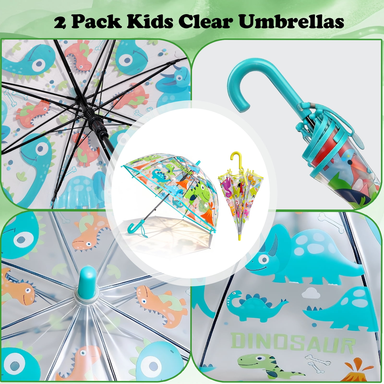 2 Pcs Kids Clear Bubble Umbrella, Unicorn Pattern with Easy Grip Curved Handle, Safe Transparent Umbrella for Toddler Girls