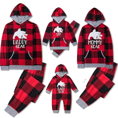 

SYNPOS Christmas Family Matching Pajamas Set Plaid Bear Hooded Tops Pants Sleepwear