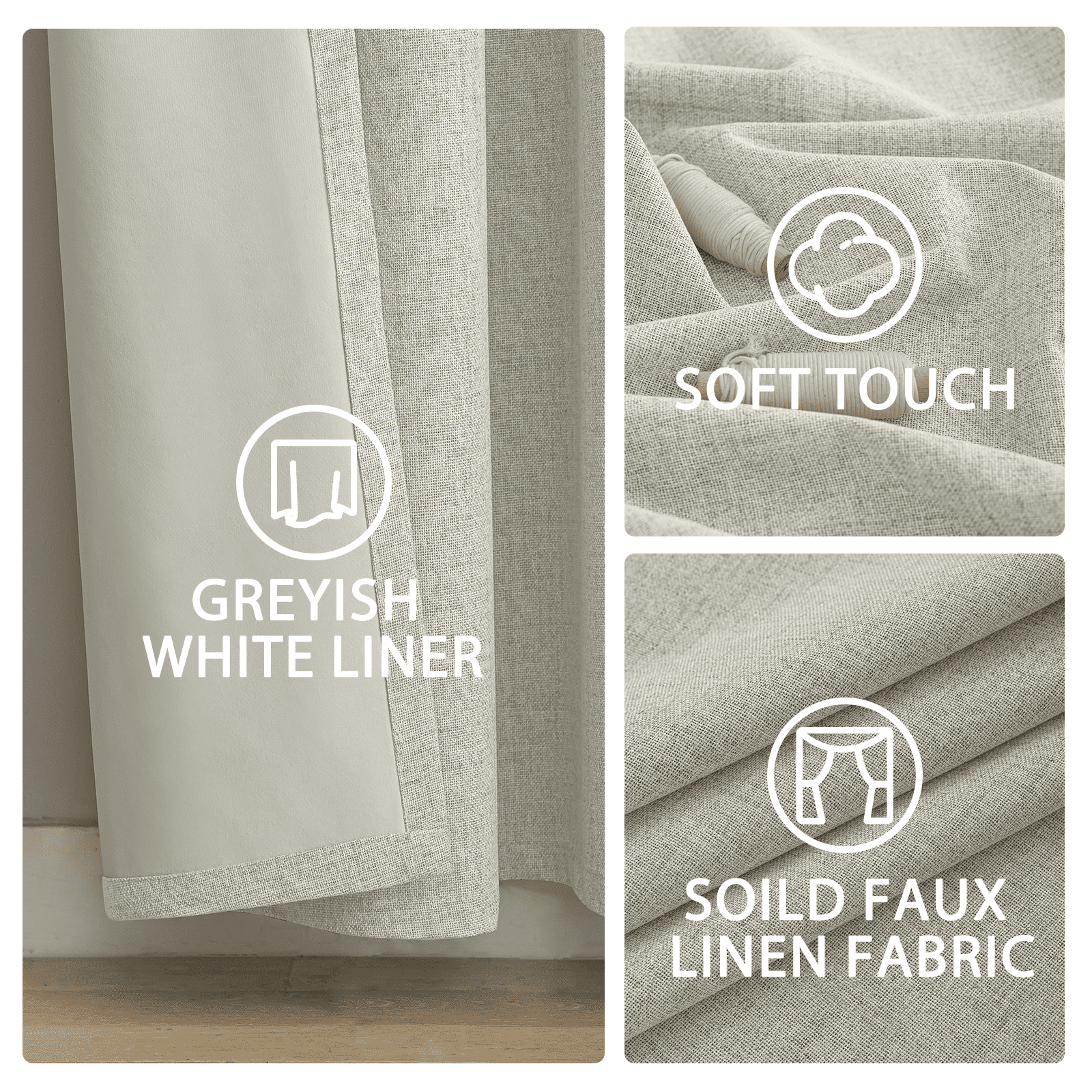 Yakamok 100% Blackout Cream Linen Curtains 90 inches Long for Living Room, Room Darkening Textured Curtains for Bedroom with White Liner 2 Panels