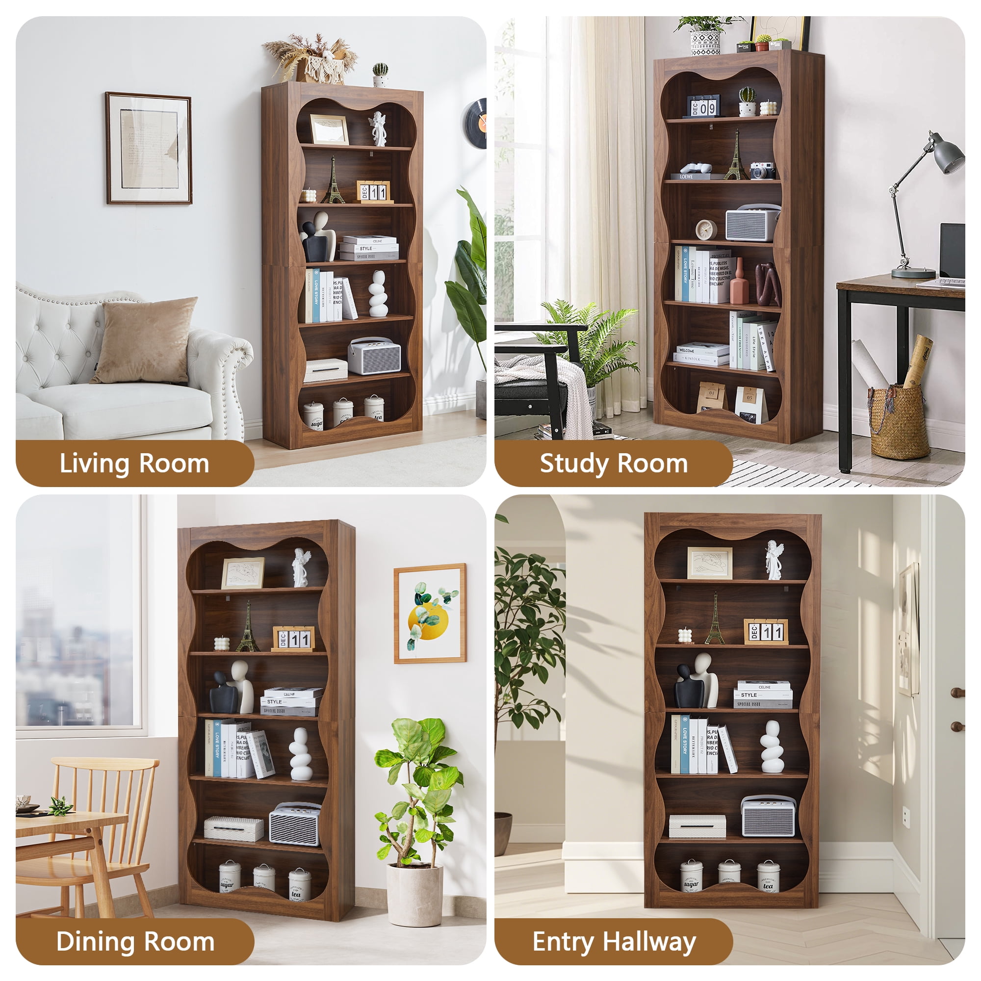 YOCWO 70" Tall Bookcase with Wave Design, 6 Tier Wooden Bookshelf with Open Storage for Office, Walnut