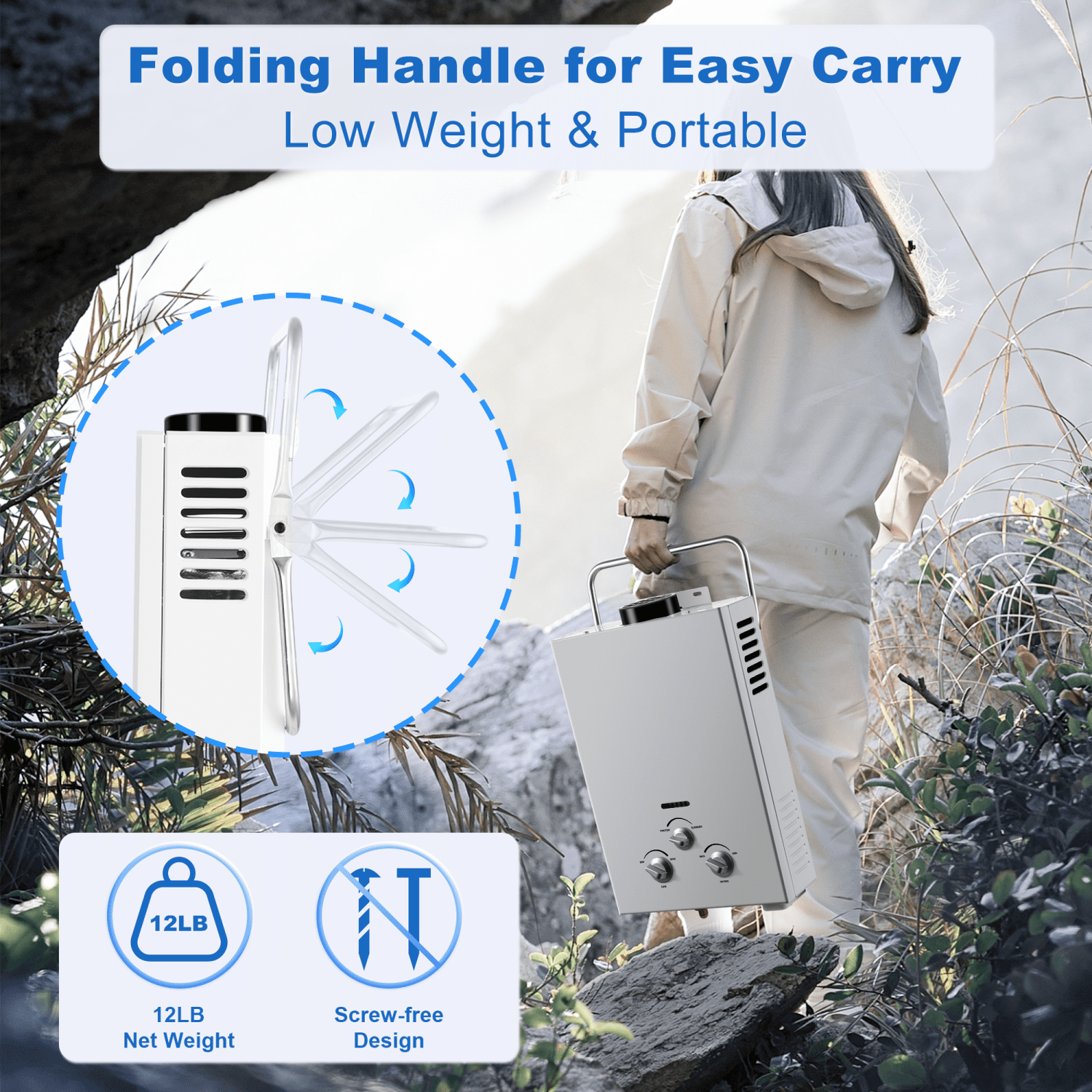 Lightweight 6L Tankless Water Heater, 1.58GPM 40K BTU, Outdoor Instant Hot Water for Cabin/Camping, White