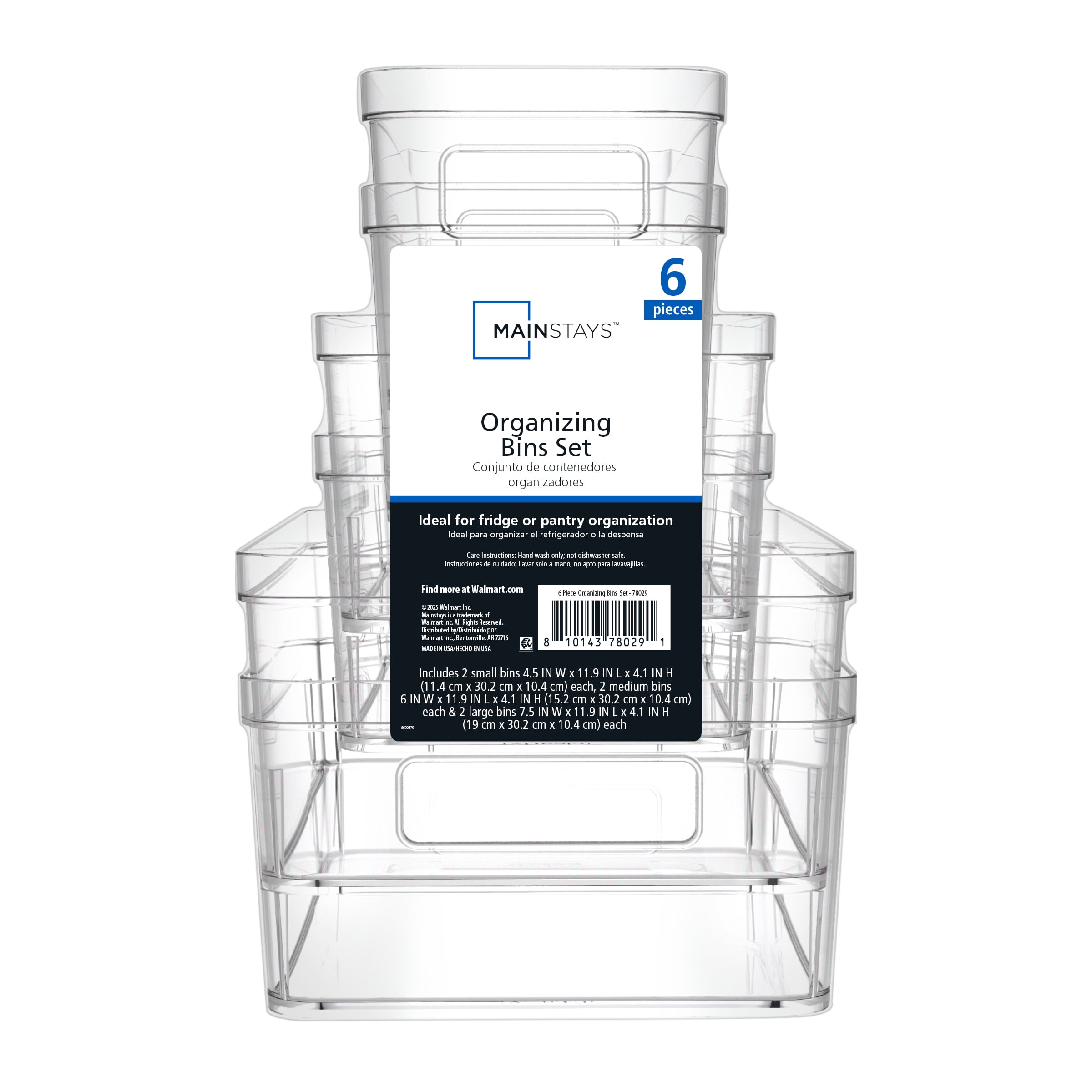 Mainstays 6-Piece Clear Plastic Refrigerator Organizer Bin Set for Kitchen, Pantry and Cabinet