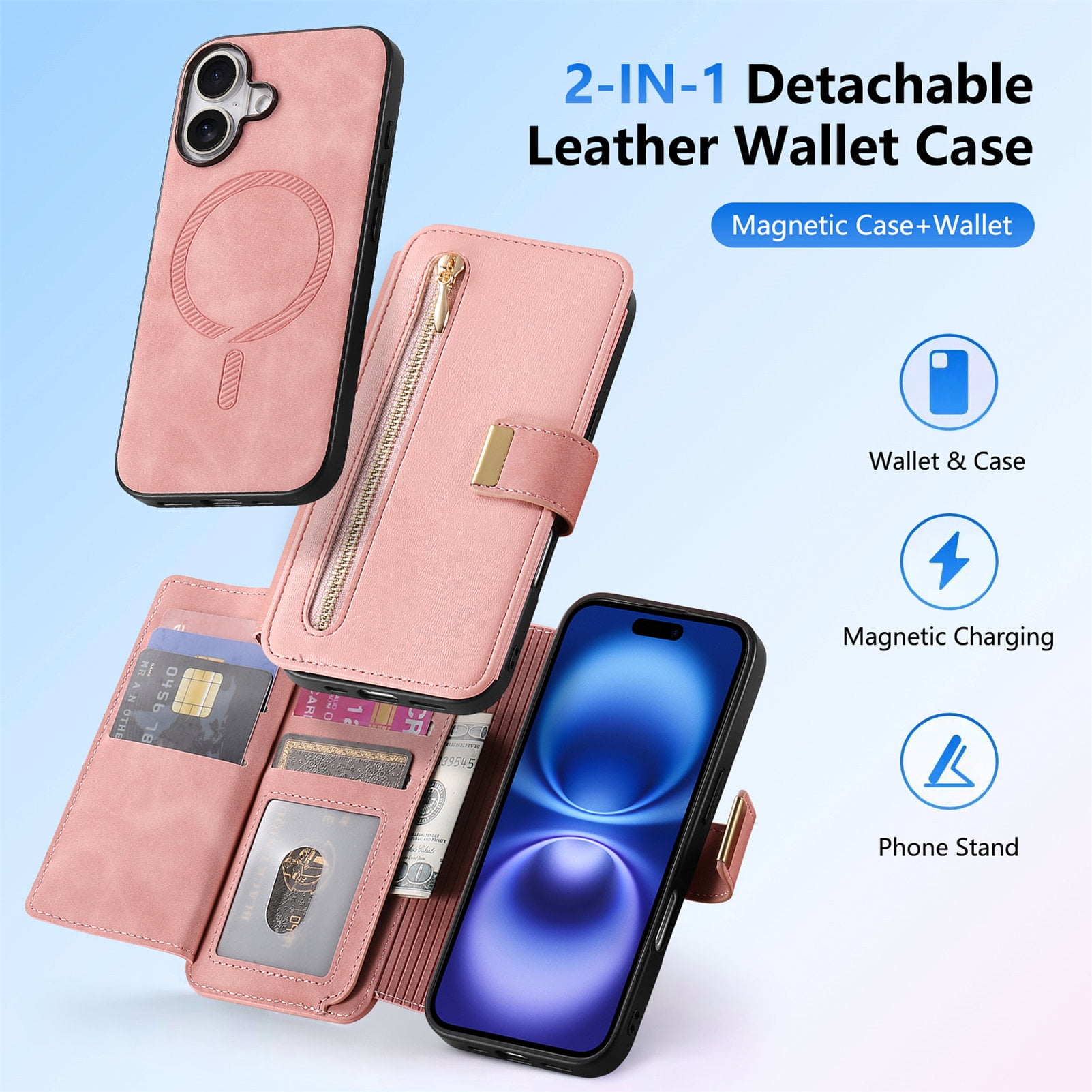 TECH CIRCLE for Motorola Moto G 5G (2024) Phone Case 6.6", Magnetic Back Cover with Removable Flip Wallet Case, with Card Slots/Pocket/Ring Holder Grip, Compatible with MagSafe, PU Leather Case, Pink