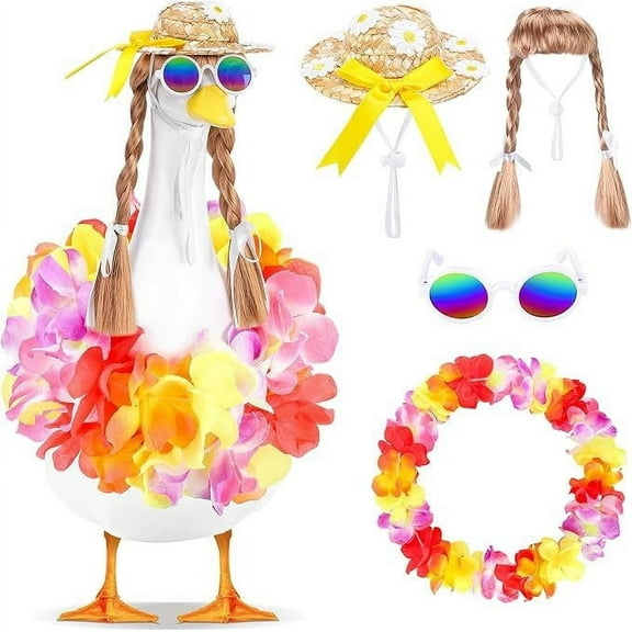 Hawaiian Beach Porch Goose Outfit, 4-Piece Set Tropical Summer Goose Clothes for Poolside Garden Decoration, Holiday Gift and Keepsake for Neighbors and Lawn Goose Lovers