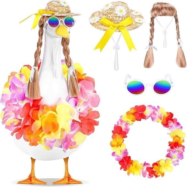 Conjunto de cuatro piezas de corona hawaiana para porche de fiesta, conjunto de flores de huevo, peluca, gafas, sombrero de hierba, conjunto de corona decorativa