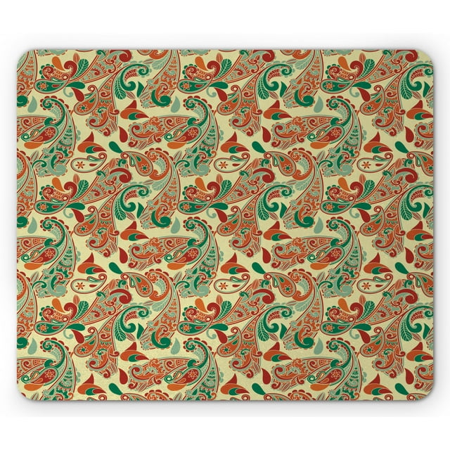 Ethnic Mouse Pad, Paisley Leaves with Folk Culture Effects Bohemian Oriental Motif, Rectangle Non-Slip Rubber Mousepad, Hunter Green Ruby Orange, by Ambesonne
