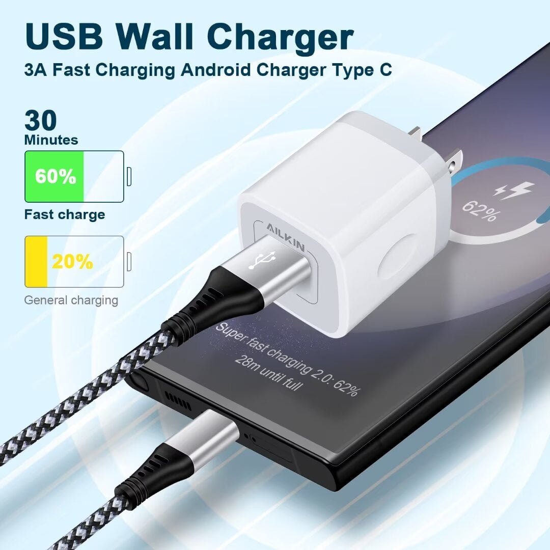 Type C Charger 10ft,USB Wall Charger Block Adapter,AILKIN 5V/1A/4Pack Plug Base Brick w USB Type C Charger Fast Charging Cable 6ft 10 feet Usb to Usb C Cord Phone Chargers for Android Phone