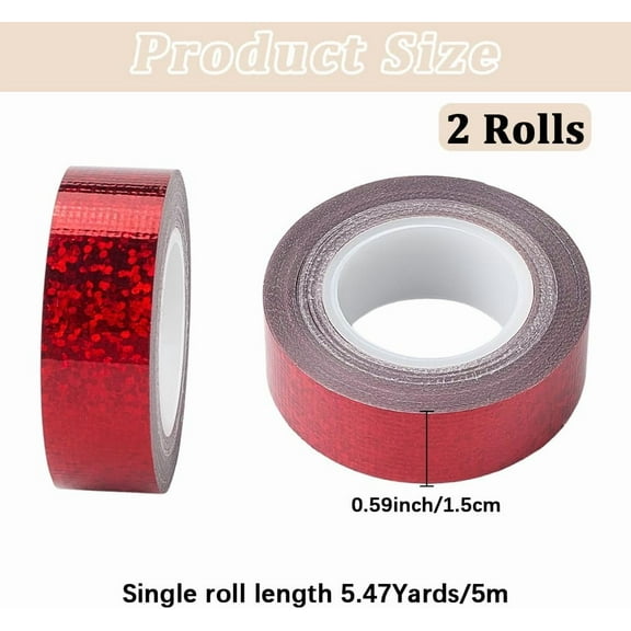 2 Rolls Red Glitter Craft Tape Sparkly Self Adhesive 15mm x 5m Foil Holographic Paper Masking Scrapbook Trim Art Tapes for Christmas Wrapping DIY Scrapbooking Journal Planner Gift