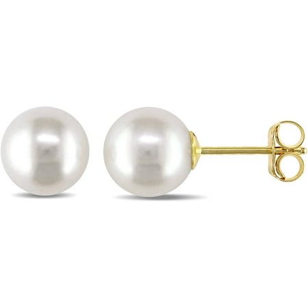 Miabella 7-7.5mm White Round Cultured Freshwater Pearl 14kt Yellow Gold Stud Earrings