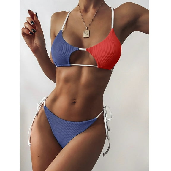Baqcunre Swim Suits for Women 2024, Swimsuit Striped High Women Waist Two Bikini Set Push Piece Up Halter Cut Hight Swimwears Tankinis Set, Bikini Sets for Women, Blue L