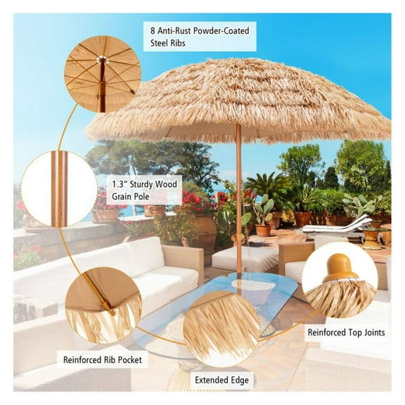 8ft Patio Thatched Tiki Umbrella, Hawaiian Beach Umbrella Sun Shade, Outdoor Tropical Style Umbrella for Beach, Patio, Lawn, 7 Layer Thatch