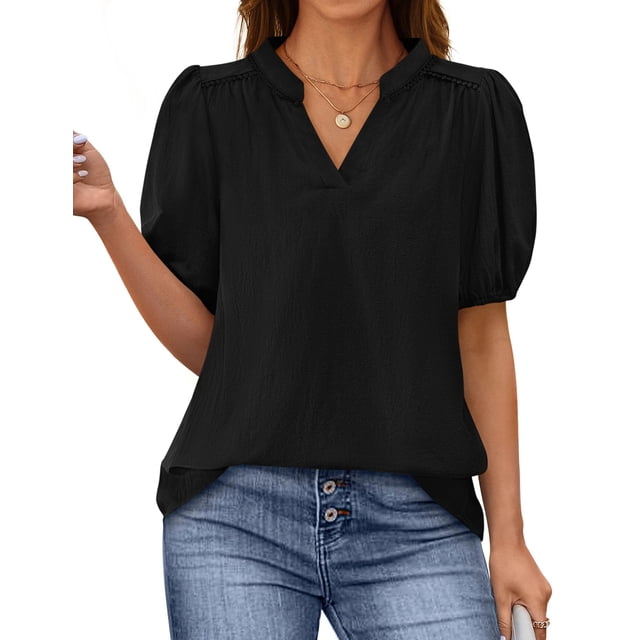 Remera PRETTYGARDEN Cuello en V Manga Abullonada Algodón Negra XL