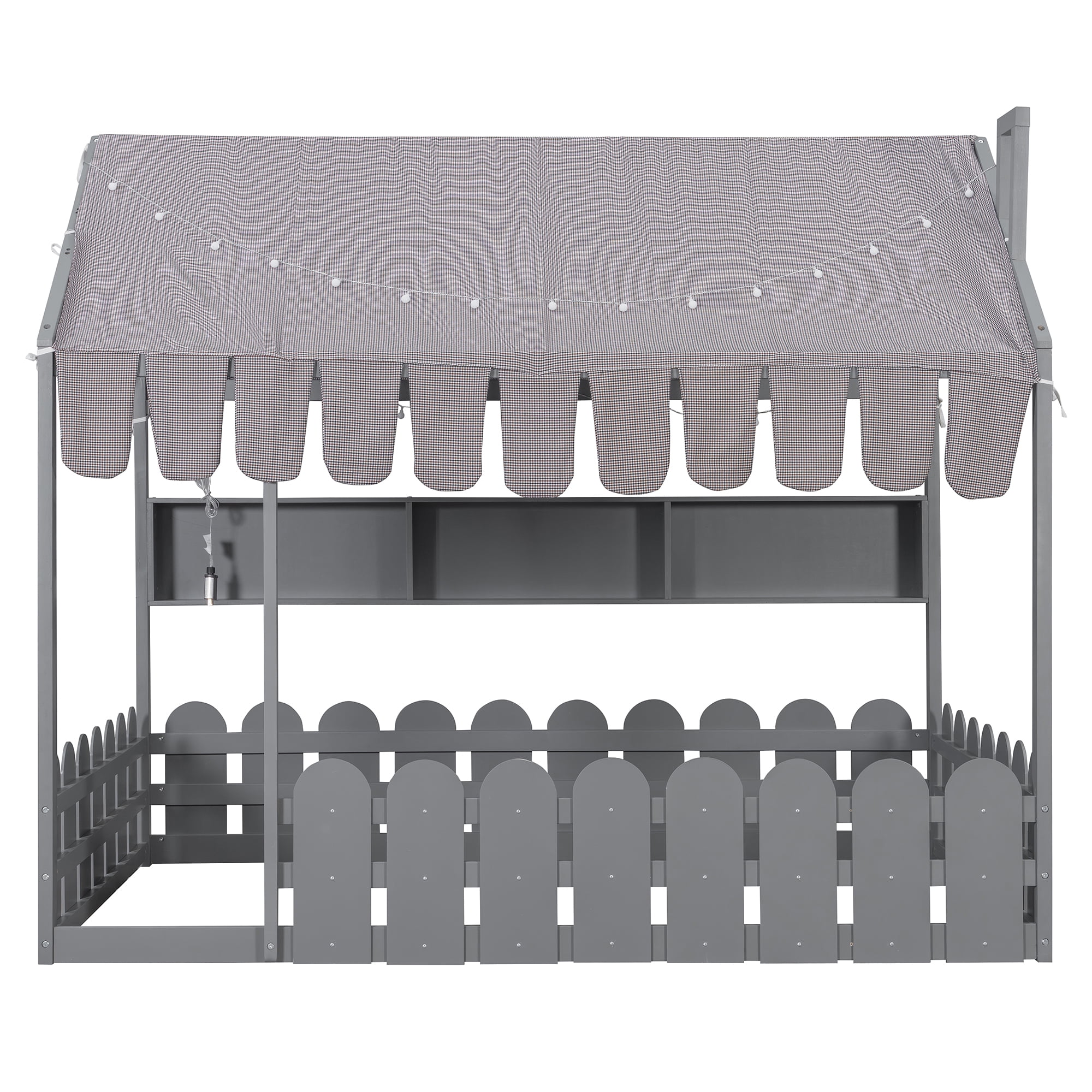 Aukfa Full Size House Bed with Fence and Tent for Kids, Wooden Montessori Bed with LED Lights & Storage Shelves for Toddler Boys and Girls Bedroom, Gray