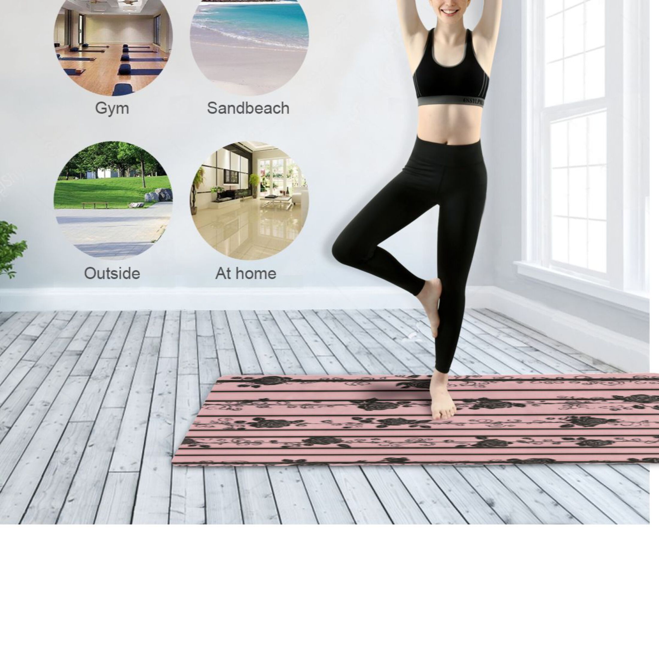 BZSMCE Yoga Mat Women Fitness Mat Gothic Pink Rose Stripes Pattern