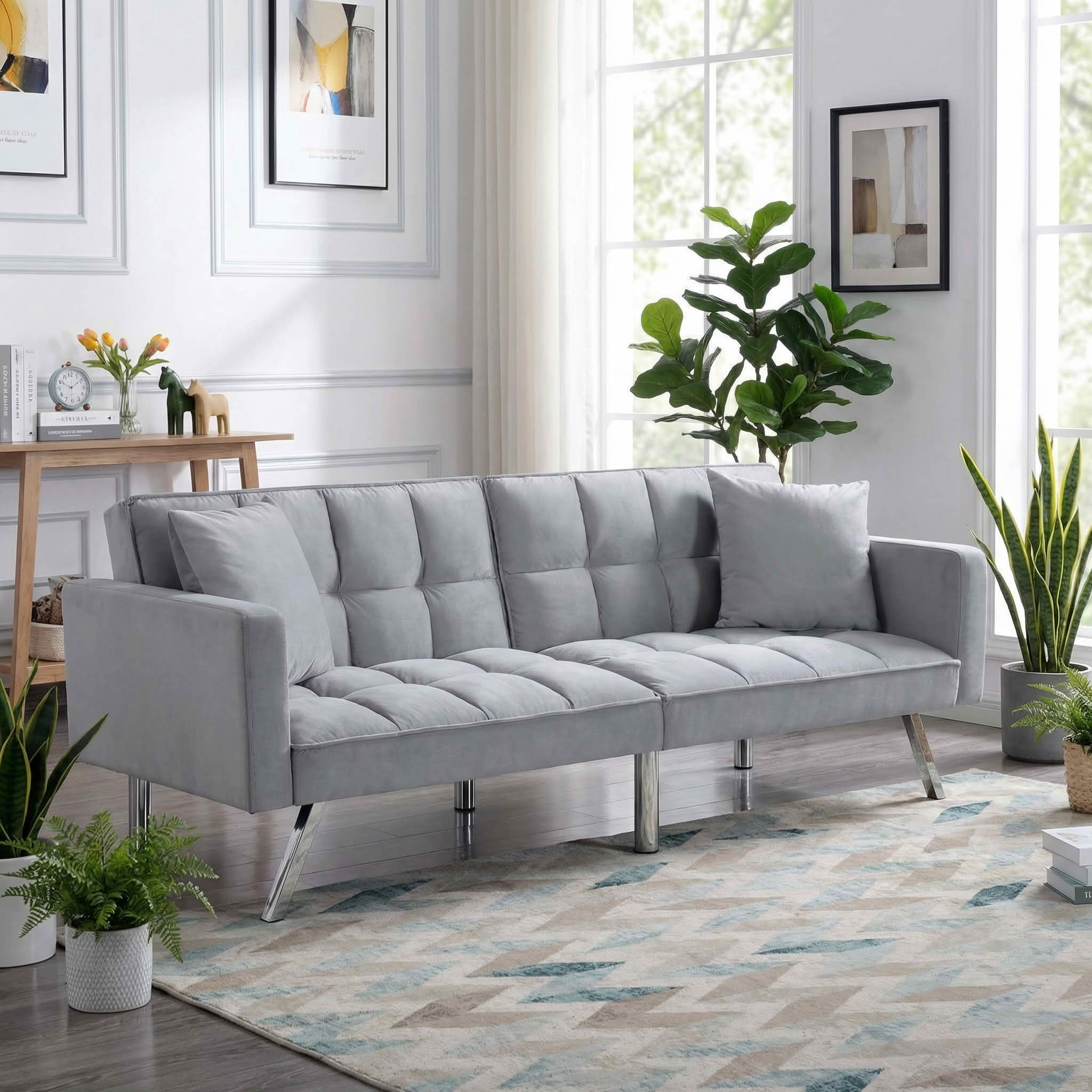 MAYEERTY 74" Convertible Futon Sofa Bed, Twin Size 2-Seater Sleeper Couch with 5-Position Adjustable Backrest, Velvet Sofa for Home Office Guest Room, Light Gray